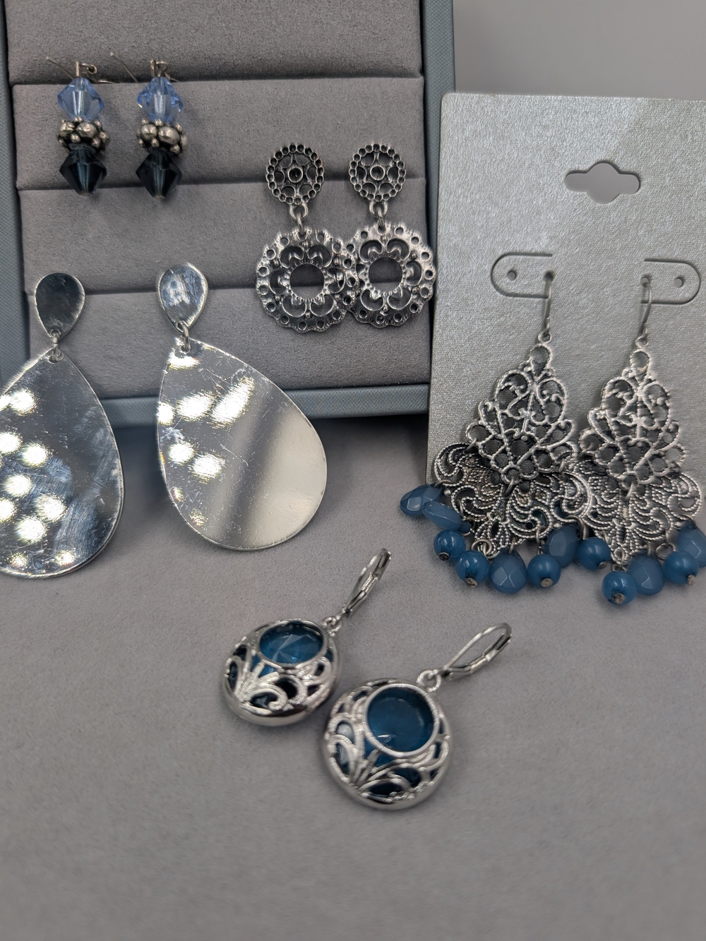 Blue Silver Tone Ornate Chandelier Statement Earrings 5 Pair Lot | 0910